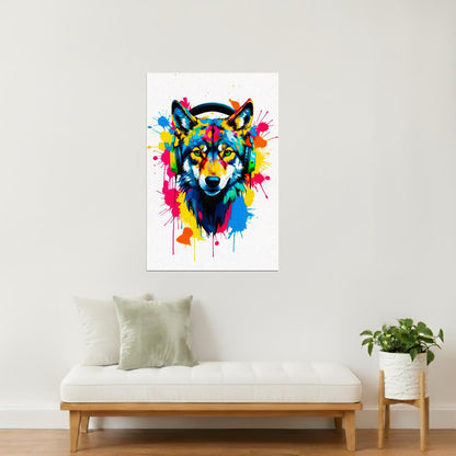Wolf with Headphones | Vibrant Graffiti Bedroom Wall Print Poster