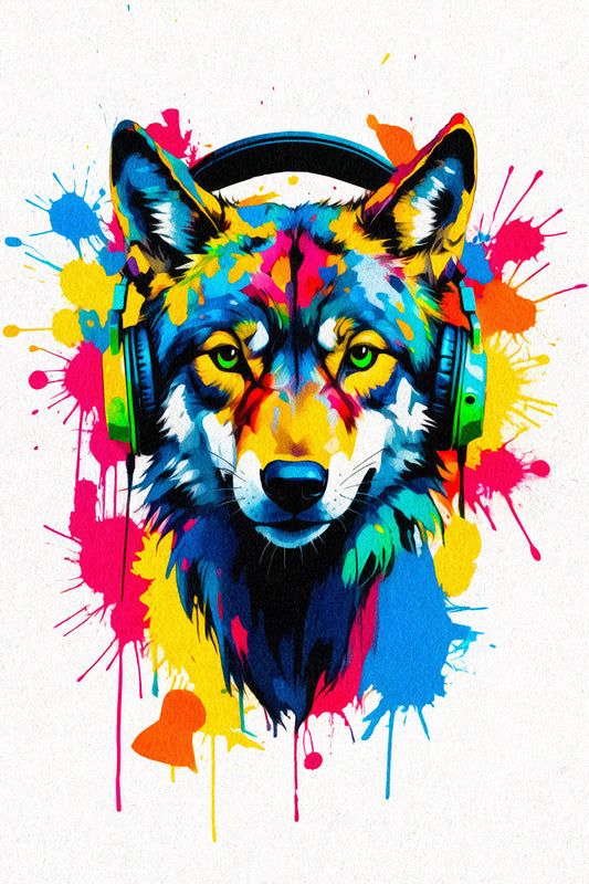 Wolf with Headphones | Vibrant Graffiti Bedroom Wall Print Poster