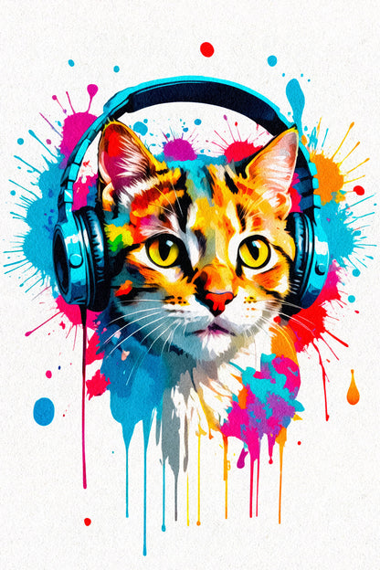 Kitten with Headphones | Color Splash DJ Art Print Poster