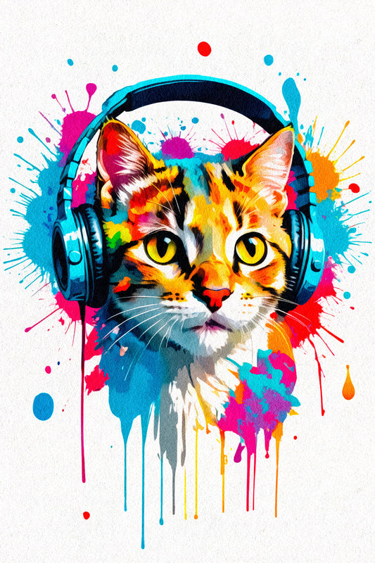 Kitten with Headphones | Color Splash DJ Art Print Poster