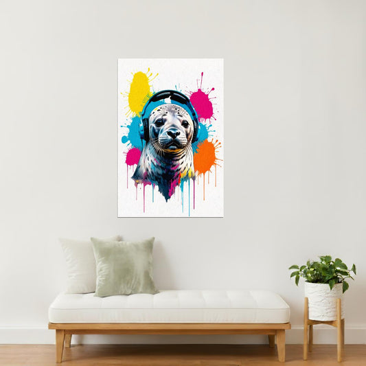 Seal with Headphones | Colorful Pop Art Teen Room Wall Art Poster