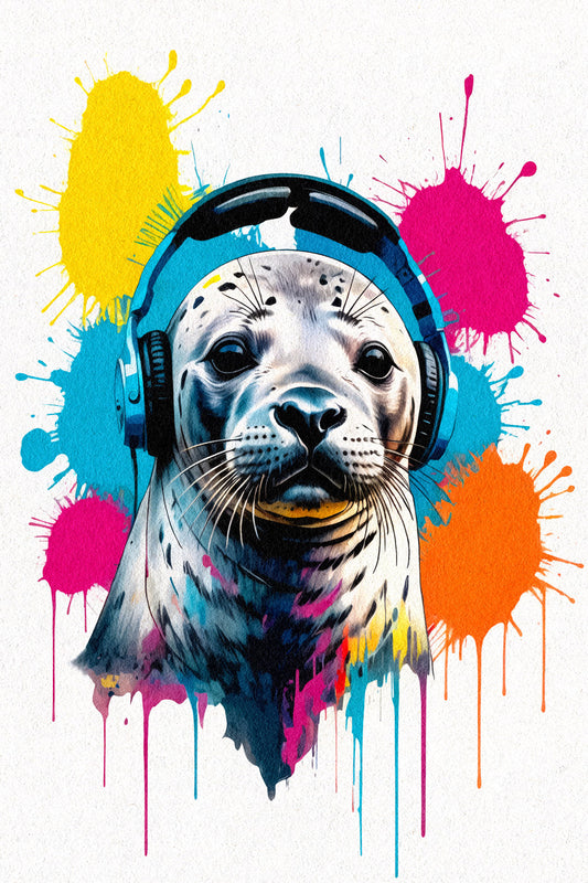Seal with Headphones | Colorful Pop Art Teen Room Wall Art Poster