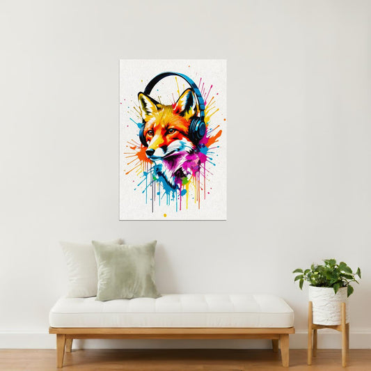 Fox with Headphones | Bright Graffiti Living Room Wall Print Poster