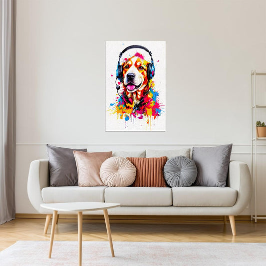 Dog with Headphones | Colorful Street Art Gamer Decor Poster