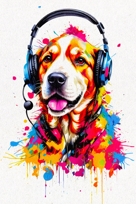 Dog with Headphones | Colorful Street Art Gamer Decor Poster