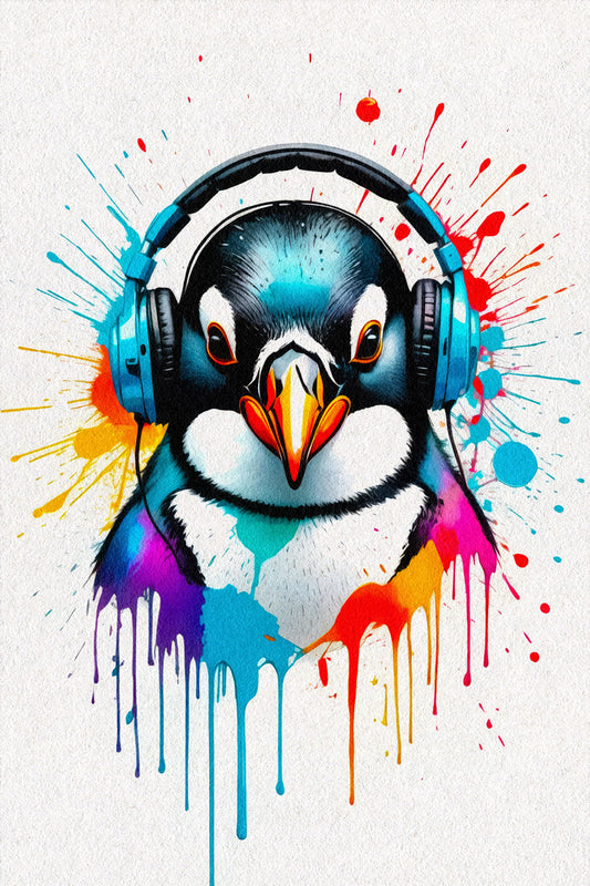 Penguin with Headphones | Neon Graffiti Music Poster