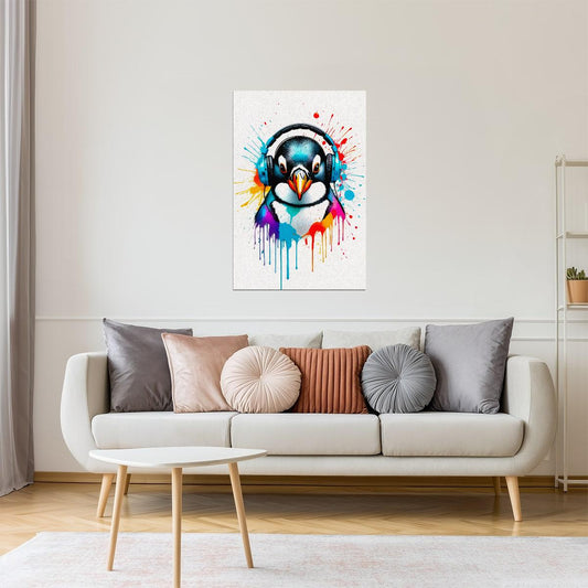 Penguin with Headphones | Neon Graffiti Music Poster