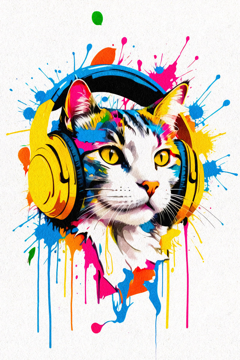 Cat with Headphones | Colorful Pop Art DJ Wall Print Poster