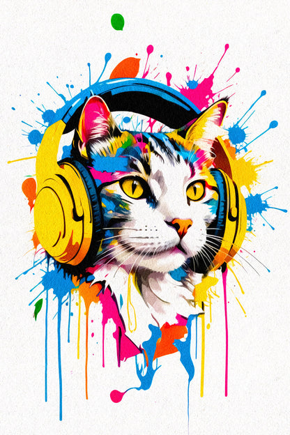 Cat with Headphones | Colorful Pop Art DJ Wall Print Poster