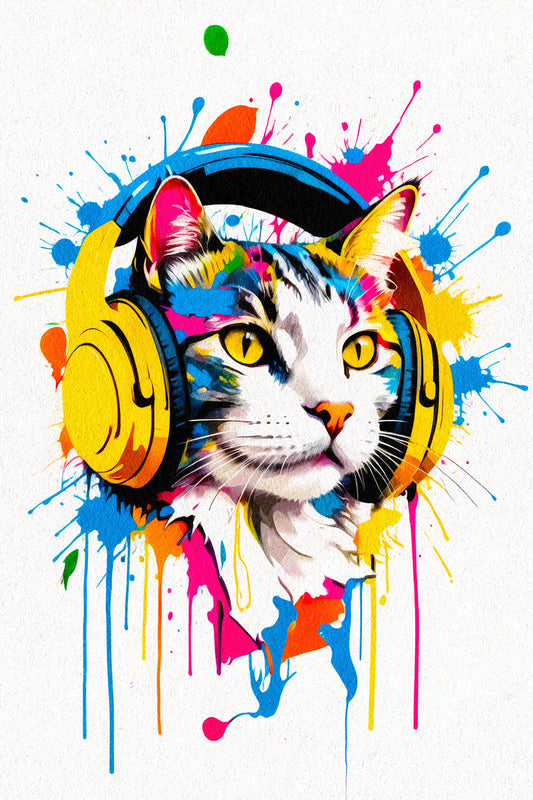 Cat with Headphones | Colorful Pop Art DJ Wall Print Poster