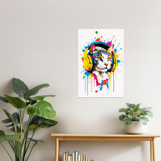 Cat with Headphones | Colorful Pop Art DJ Wall Print Poster