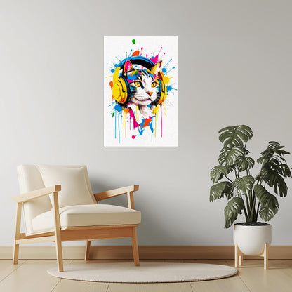 Cat with Headphones | Colorful Pop Art DJ Wall Print Poster