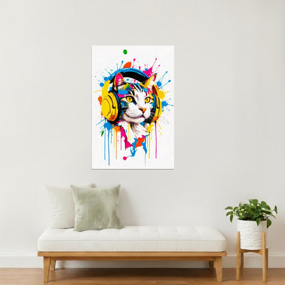 Cat with Headphones | Colorful Pop Art DJ Wall Print Poster