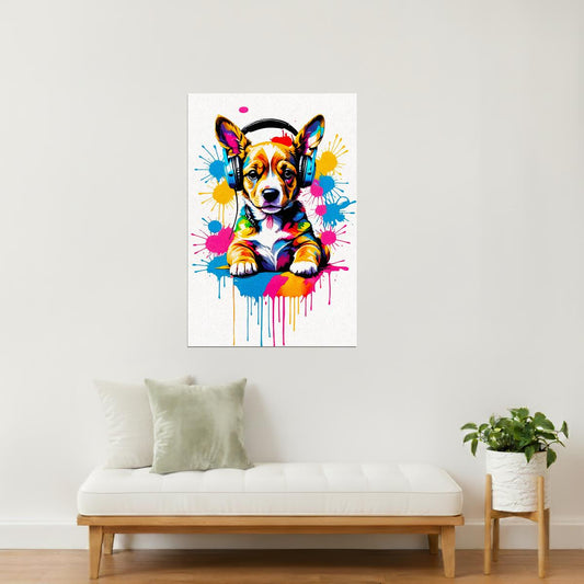 Puppy with Headphones | Vibrant Street Art Dorm Room Wall Art Poster