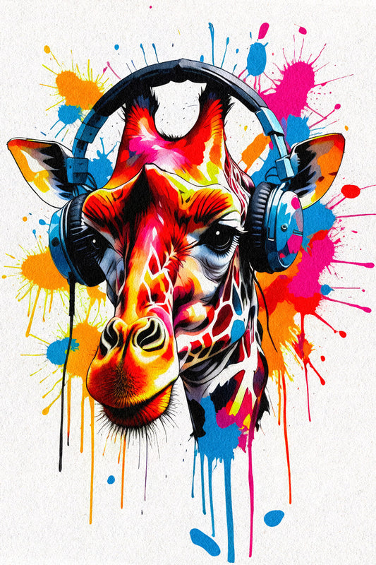 Giraffe with Headphones | Color Splash Animal Music Poster