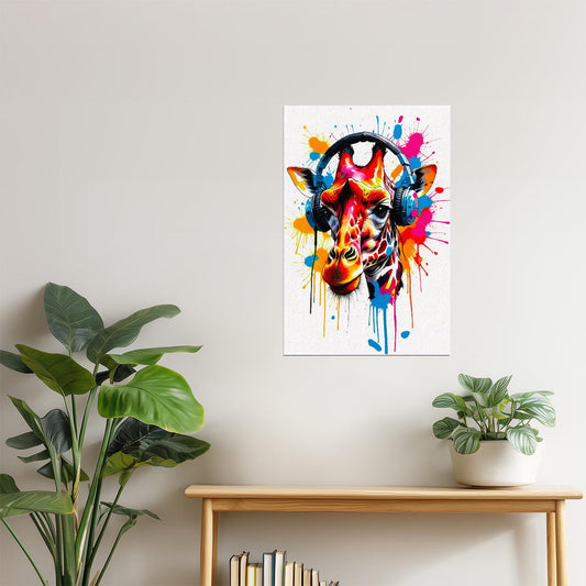 Giraffe with Headphones | Color Splash Animal Music Poster