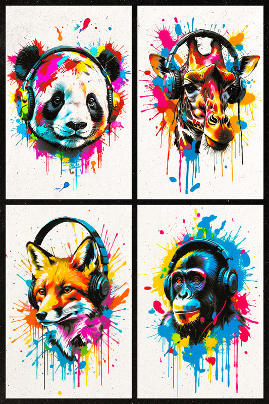 Colorful Animals in Headphones Poster | Panda Giraffe Fox Monkey Collage Wall Art