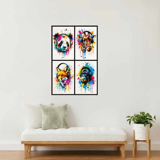 Colorful Animals in Headphones Poster | Panda Giraffe Fox Monkey Collage Wall Art