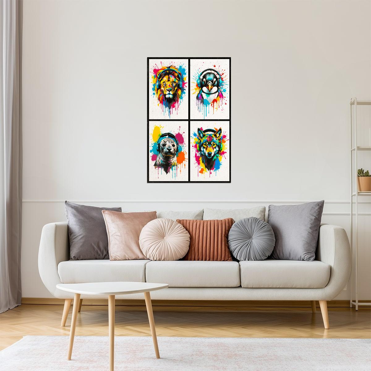 Colorful Animals in Headphones Poster | Lion Penguin Seal Wolf Collage Wall Print