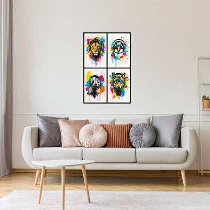 Colorful Animals in Headphones Poster | Lion Penguin Seal Wolf Collage Wall Print