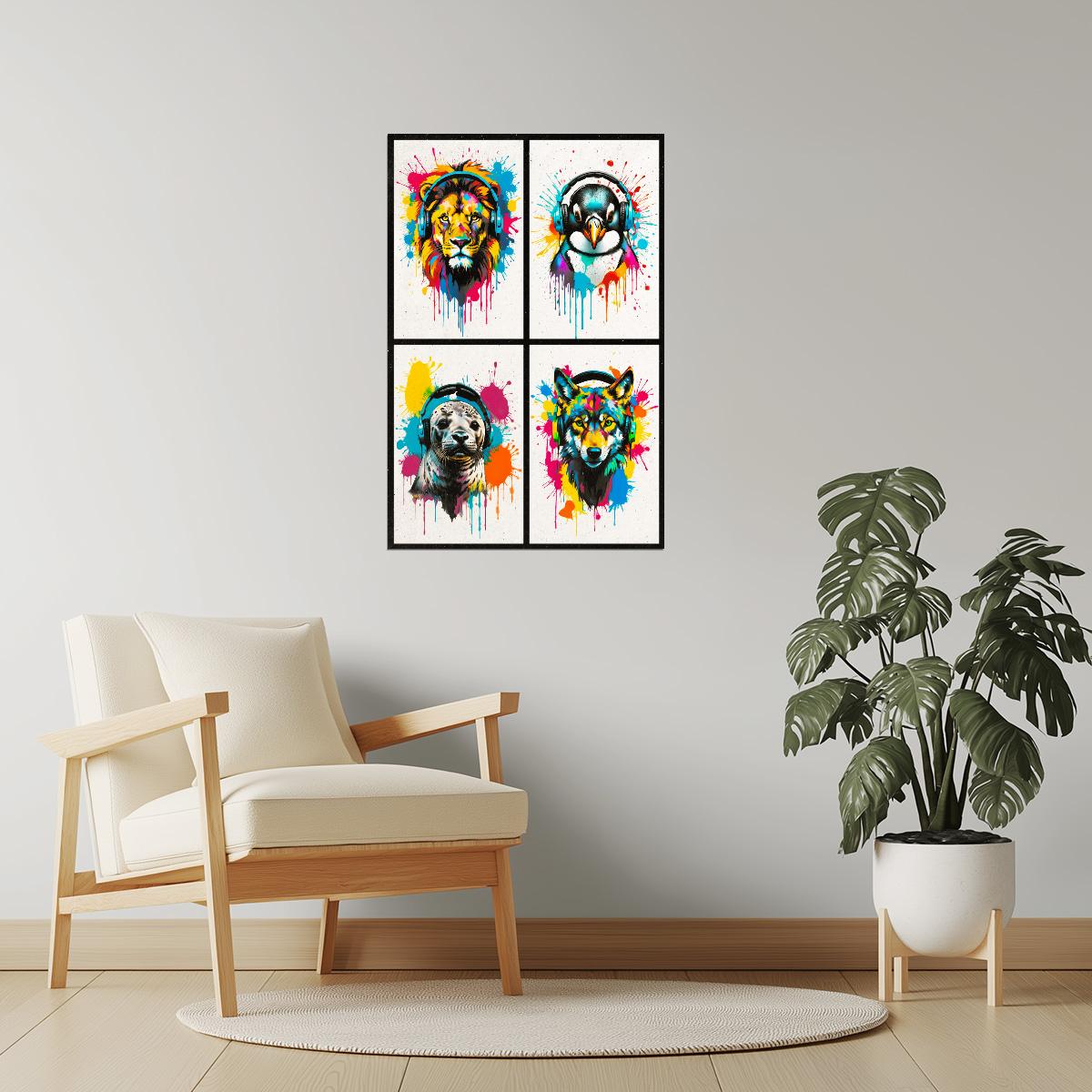 Colorful Animals in Headphones Poster | Lion Penguin Seal Wolf Collage Wall Print
