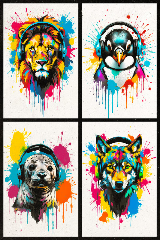 Colorful Animals in Headphones Poster | Lion Penguin Seal Wolf Collage Wall Print