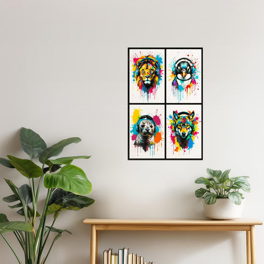 Colorful Animals in Headphones Poster | Lion Penguin Seal Wolf Collage Wall Print