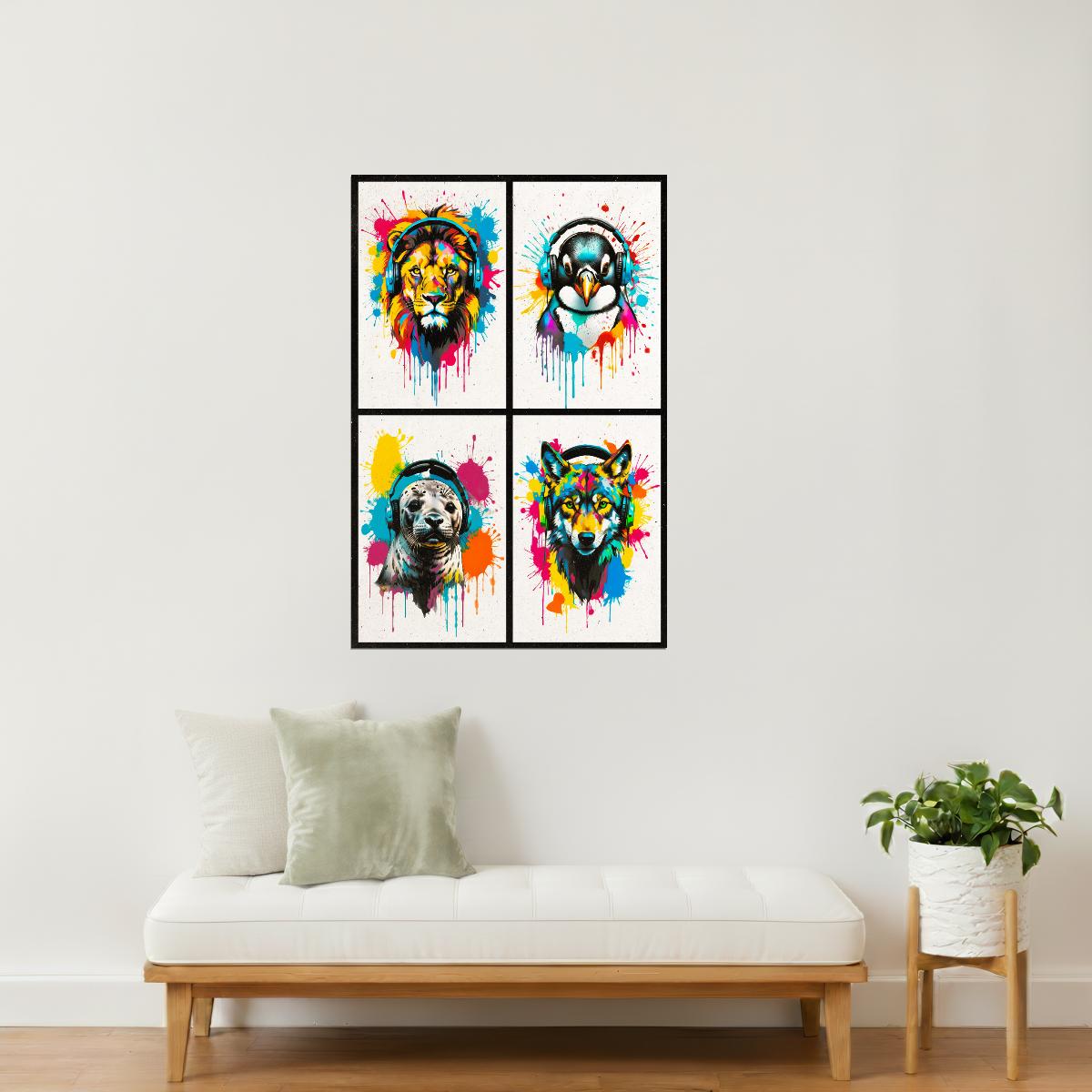 Colorful Animals in Headphones Poster | Lion Penguin Seal Wolf Collage Wall Print