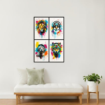 Colorful Animals in Headphones Poster | Lion Penguin Seal Wolf Collage Wall Print