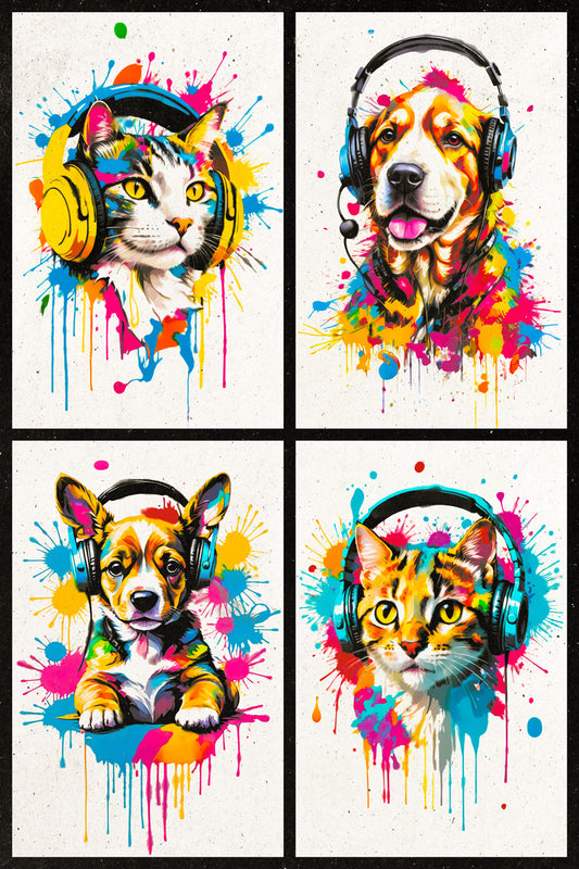 Colorful Animals in Headphones Poster | Cat Dog Puppy Kitten Collage Wall Art