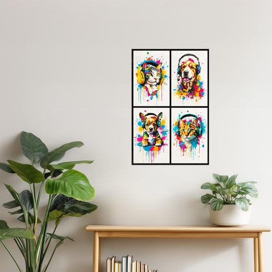 Colorful Animals in Headphones Poster | Cat Dog Puppy Kitten Collage Wall Art