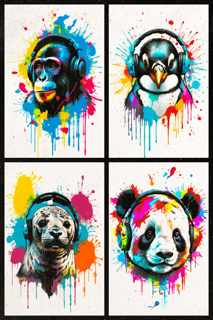 Colorful Animals in Headphones Poster | Monkey Penguin Seal Panda Collage Poster