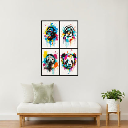 Colorful Animals in Headphones Poster | Monkey Penguin Seal Panda Collage Poster