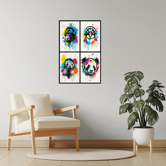 Colorful Animals in Headphones Poster | Monkey Penguin Seal Panda Collage Poster
