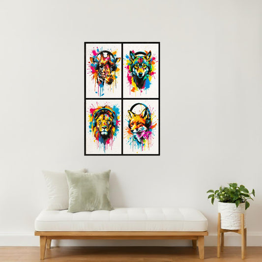 Colorful Animals in Headphones Poster | Giraffe Wolf Lion Fox Collage Wall Art