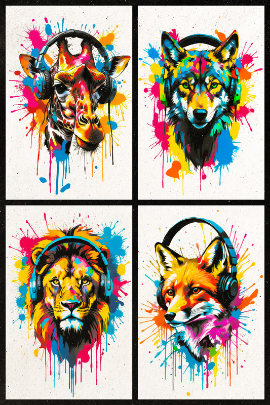 Colorful Animals in Headphones Poster | Giraffe Wolf Lion Fox Collage Wall Art