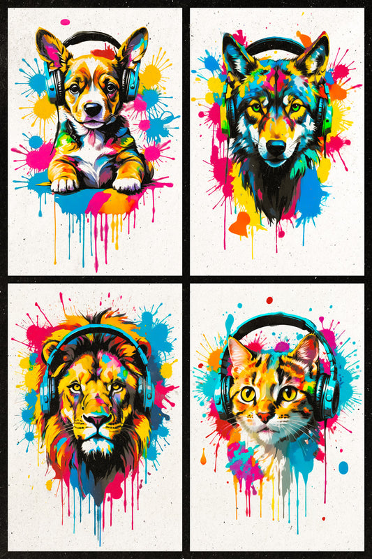 Colorful Animals in Headphones Poster | Puppy Wolf Lion Kitten Fox Collage Wall Print for Kids Room