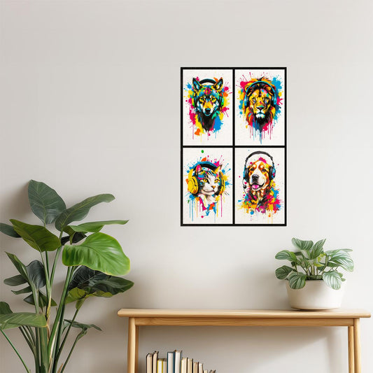 Colorful Animals in Headphones Poster | Wolf Lion Dog Cat Collage Wall Art for Teen Room