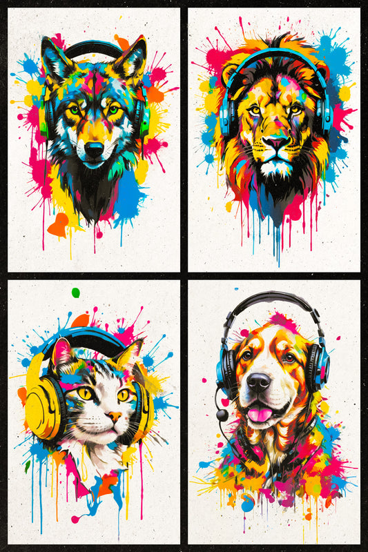 Colorful Animals in Headphones Poster | Wolf Lion Dog Cat Collage Wall Art for Teen Room