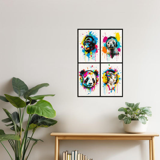 Colorful Animals in Headphones Poster | Monkey Seal Panda Cat Collage Wall Print for Gamer Room