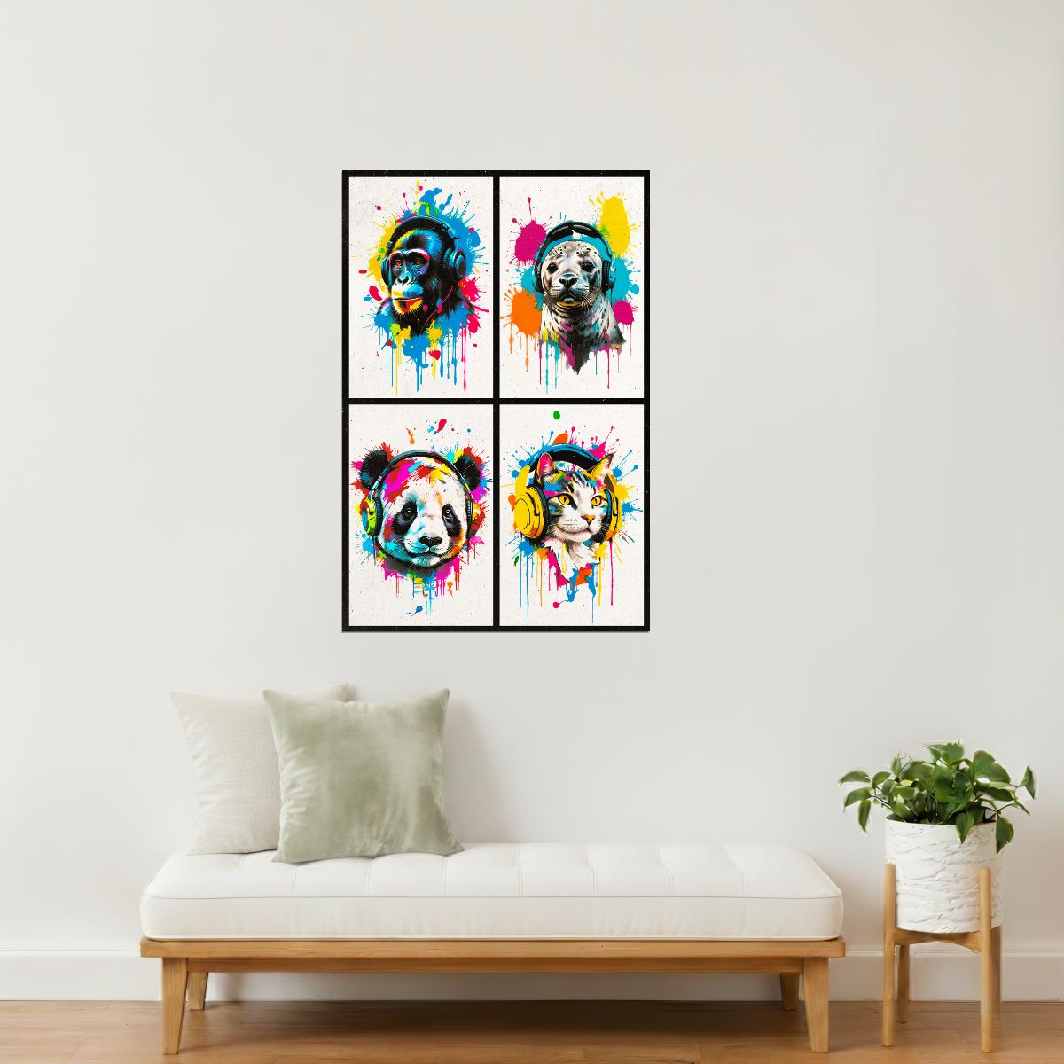 Colorful Animals in Headphones Poster | Monkey Seal Panda Cat Collage Wall Print for Gamer Room