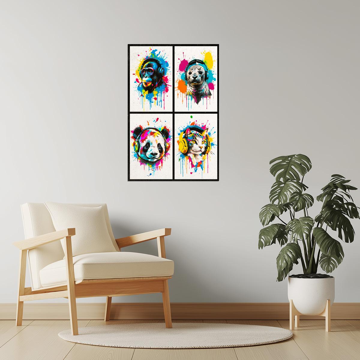 Colorful Animals in Headphones Poster | Monkey Seal Panda Cat Collage Wall Print for Gamer Room