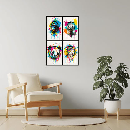 Colorful Animals in Headphones Poster | Monkey Seal Panda Cat Collage Wall Print for Gamer Room