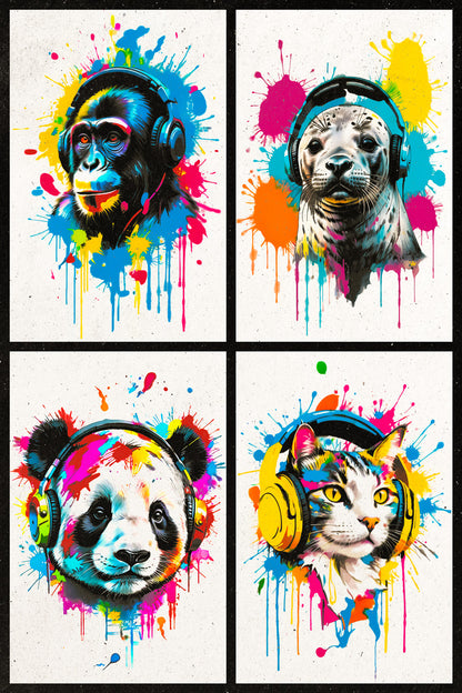 Colorful Animals in Headphones Poster | Monkey Seal Panda Cat Collage Wall Print for Gamer Room
