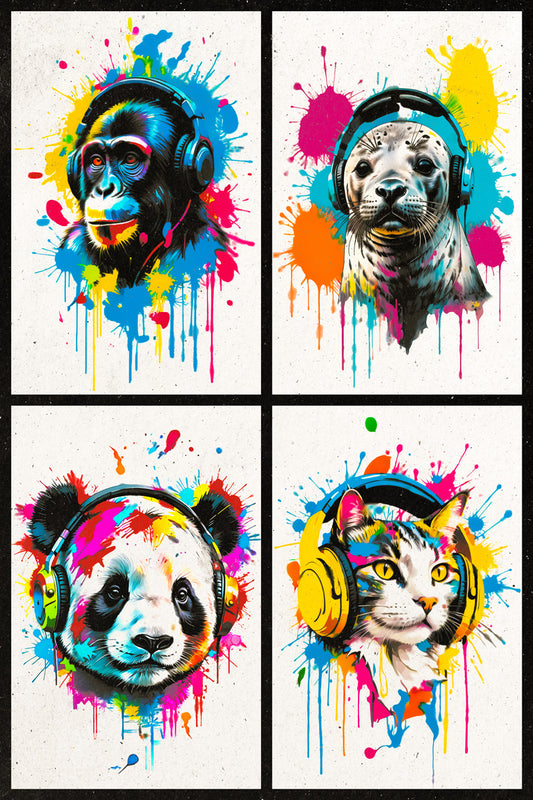 Colorful Animals in Headphones Poster | Monkey Seal Panda Cat Collage Wall Print for Gamer Room