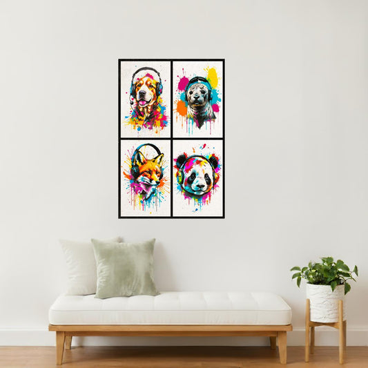 Colorful Animals in Headphones Poster | Dog Seal Fox Panda Collage Wall Art for Living Room