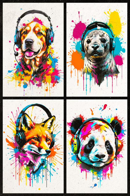 Colorful Animals in Headphones Poster | Dog Seal Fox Panda Collage Wall Art for Living Room