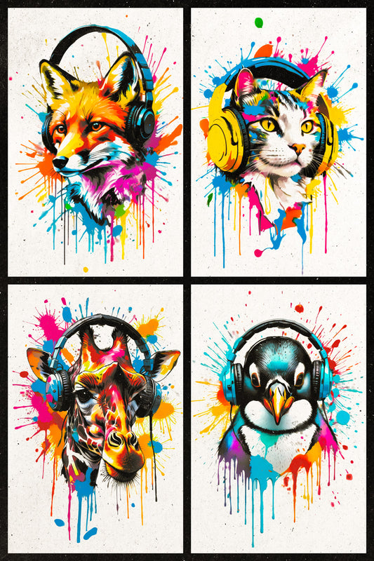 Colorful Animals in Headphones Poster | Fox Cat Giraffe Penguin Collage Wall Poster for Music Decor