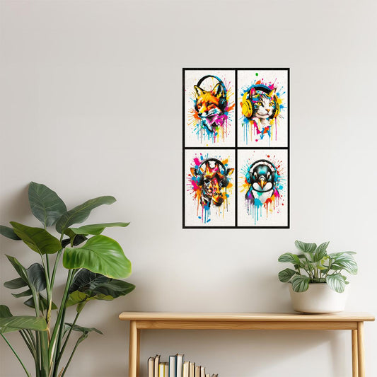 Colorful Animals in Headphones Poster | Fox Cat Giraffe Penguin Collage Wall Poster for Music Decor