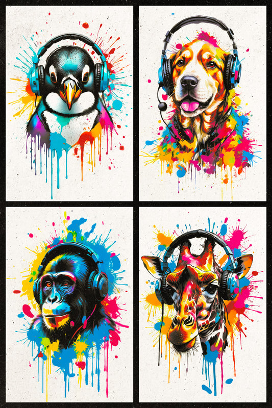 Colorful Animals in Headphones Poster | Penguin Dog Monkey Giraffe Collage Wall Art for DJ Decor